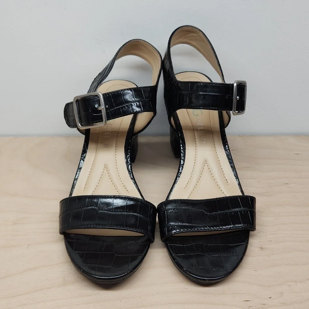 Andrew Geller Burbank Black Crocodile Sandals Platforms Buckle Women's Sz 8 1/2M